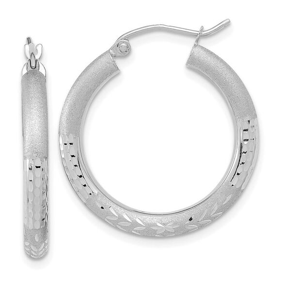 Kazi Luxury 14k White Gold Polished Satin and Diamond-cut Hoop Earrings